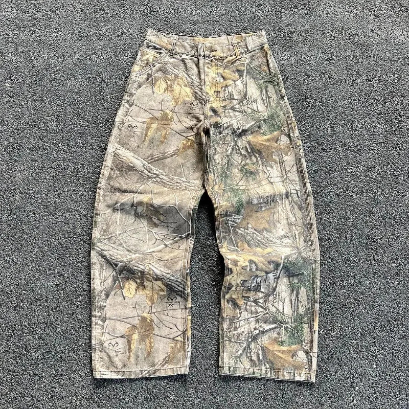 American High Street Fashion Leaf Print Oversized Jeans Men Y2k Trendy Retro High Waist Washed Wide Leg Pants Women 241017