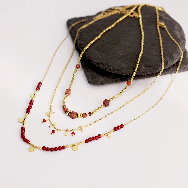 ANEH Retro Multi layer Red Natural Stone Bead Chain Stainless Steel Disc Charm Necklace 241017