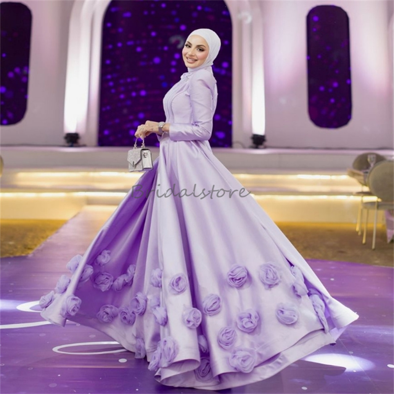 Fairy Lilac Islamic Evening Dresses With 3D Florals A Line Silk Satin Floor Length Muslim Prom Dress Charming Abaya Dress 2025 Reception Engagement Se