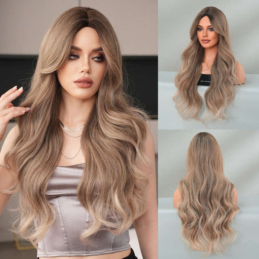 |Multiple Options | Fashionable Women's Mid Split Gradient Long Curly Hair Set With Large Wave Synthetic Wig