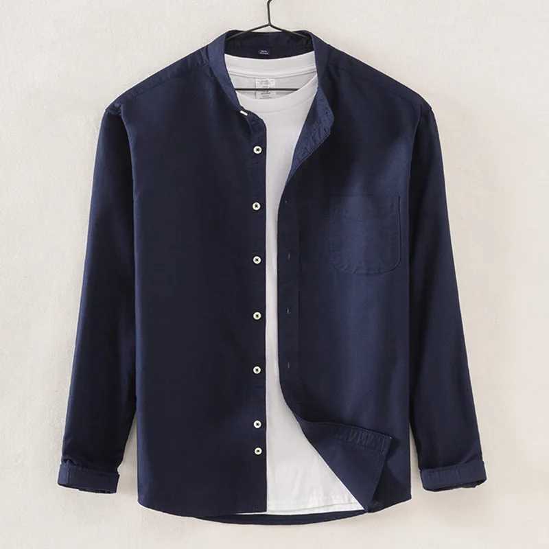 New Autumn Cotton Oxford Mens Shirt Solid Color Long Sleeve Stand Collar Blouse Designer Clothes Spring Social Shirts for Men LX241017