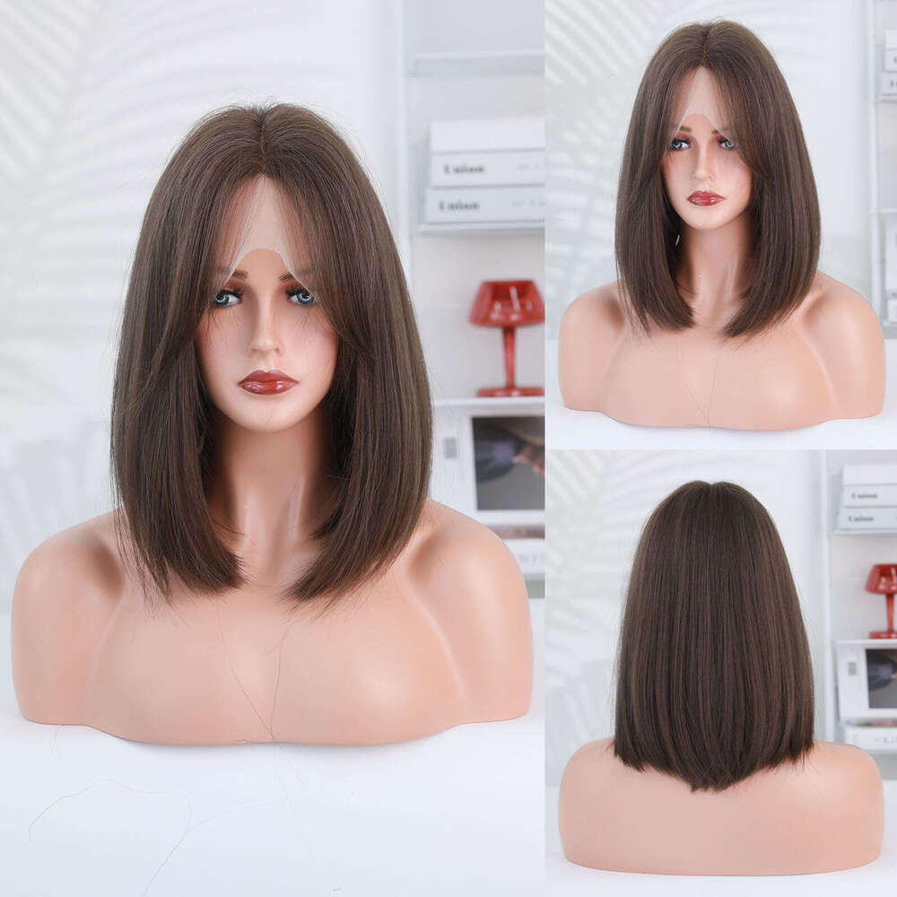Ladies' Little T Front Wig Synthetic Full Headset Brown Short Straight Hair Mid Split Bob Lace Wigs