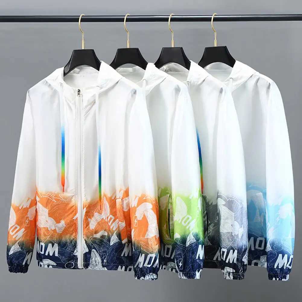 Men Sun Protection Clothing Hooded Long Sleeve Pockets Sunscreen Jacket Zipper Placket Shoes Print Quick Drying WindbreakerXJ241017