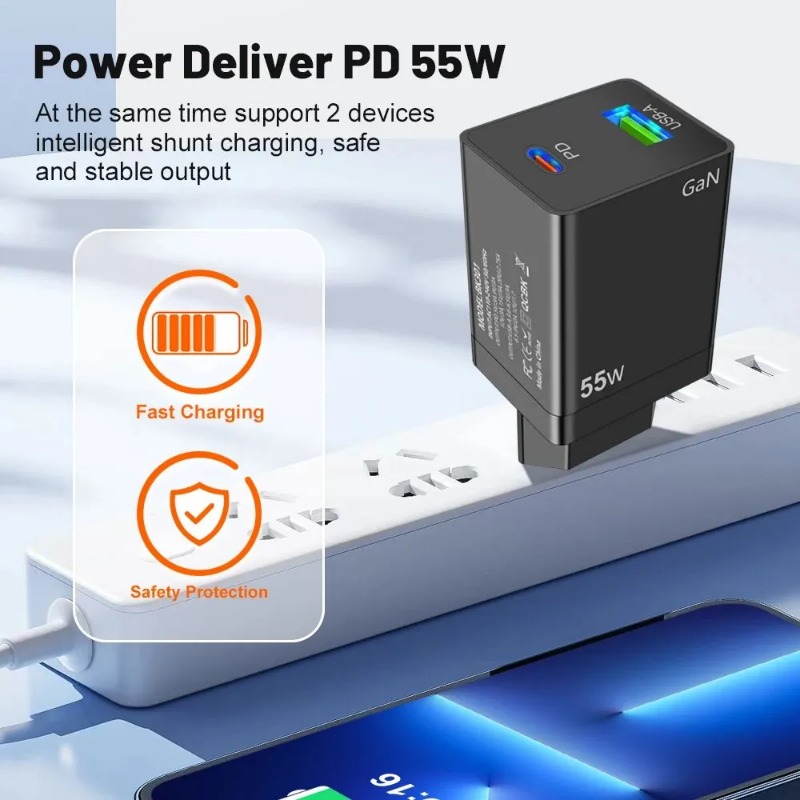 GaN Fast Charging 55W USB Type C PD Wall Charger QC3.0 US EU US AU KR Plug For iPhone iPad Samsung Xiaomi POCO