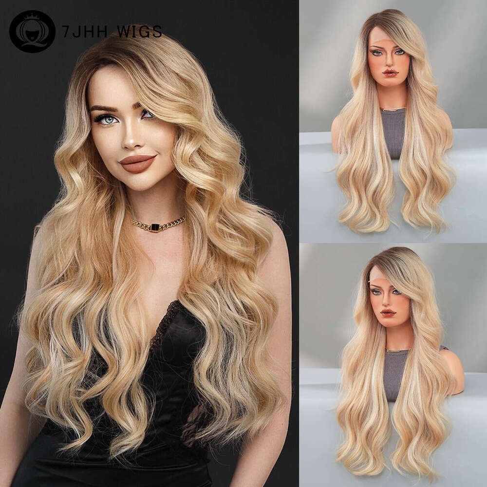 New Synthetic Wave Wig Full Head Set Orange Gold Side Split T-Part Lace Wigs