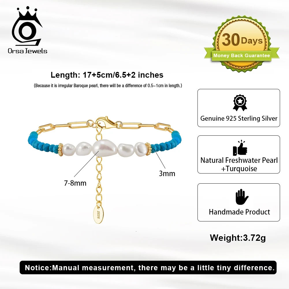 ORSA JEWELS 14K gold 925 sterling silver turquoise chain bracelet with exquisite vintage natural pearls suitable for womens jewelry MPB03 241017