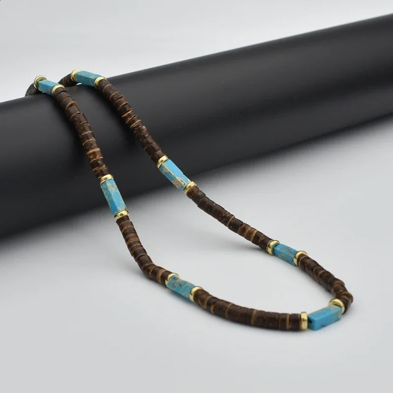 Retro pastoral style bead necklace mens natural coconut shell blue-green stone surfing necklace mens tribal jewelry gift 241017