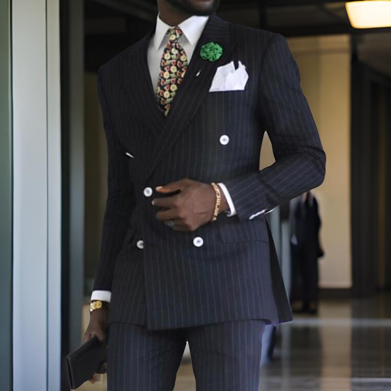 Striped Double Breasted Suits for Men Business 2 Piece Formal Wedding Tuxedo Peaked Lapel Male Fashion Jacket with Pants 2024