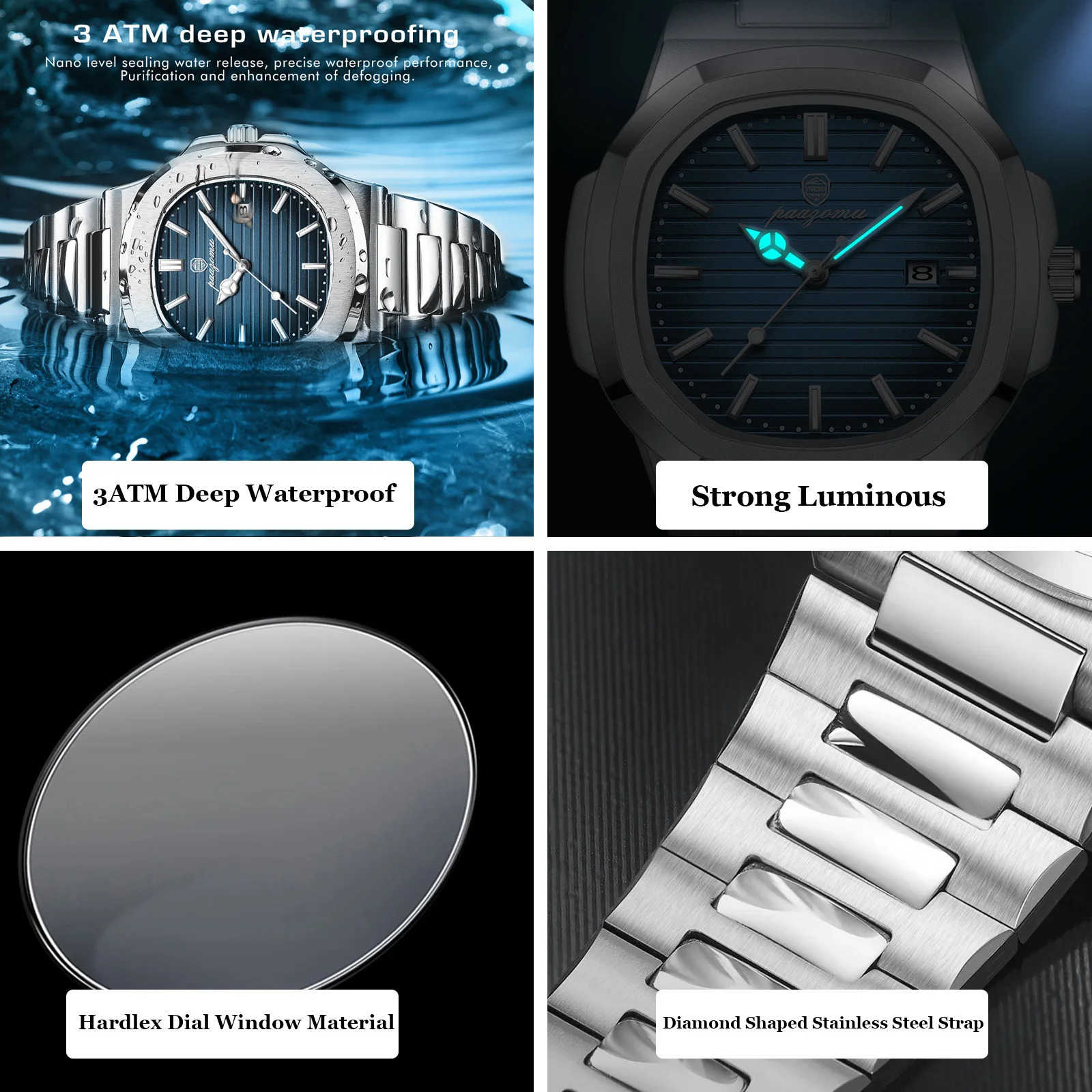 PAAZOMU y mens watch waterproof luminous weekly stainless steel quartz reloj hombre clockbox 241009