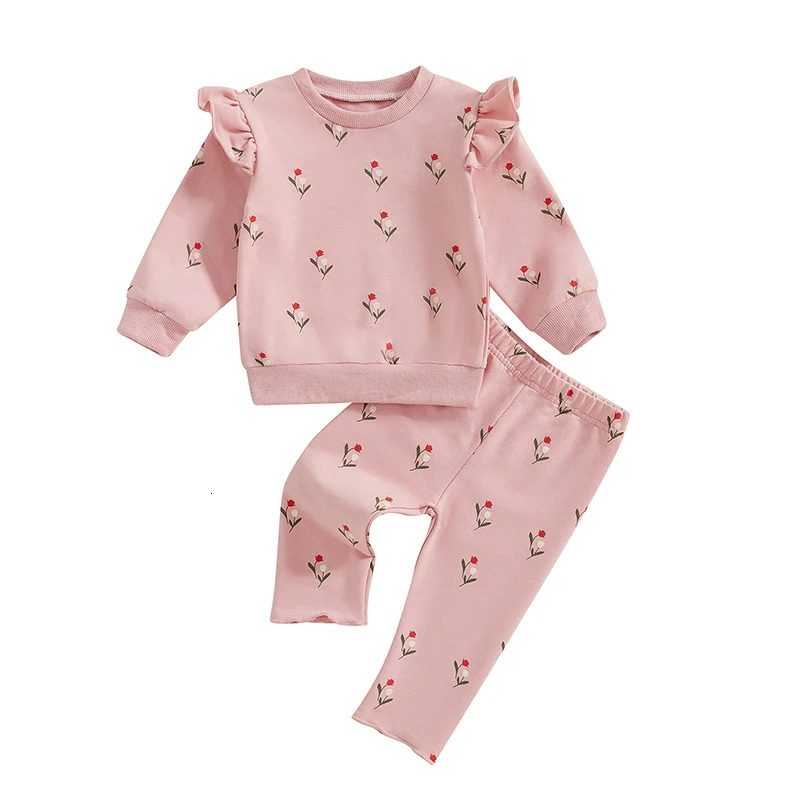 Toddler Girl Ruffle Sleeve Top and Floral Leggings Set Long Crew Neck Sweatshirt with Elastic Waist Pants 2piece Outfit 241017