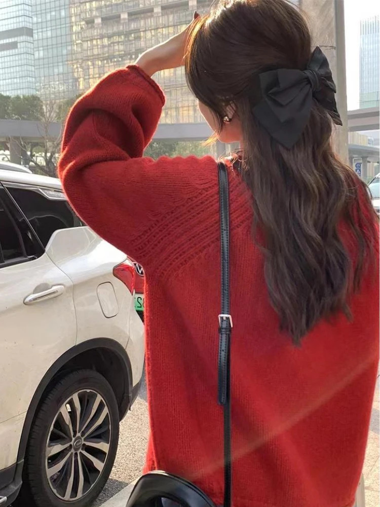 Knitwear Pulleys Womens Kawaii Loose Pure Soft Unique Sweater Korean Style Gentle Girl O-Neck Full Match Autumn Fashion Retro 241017