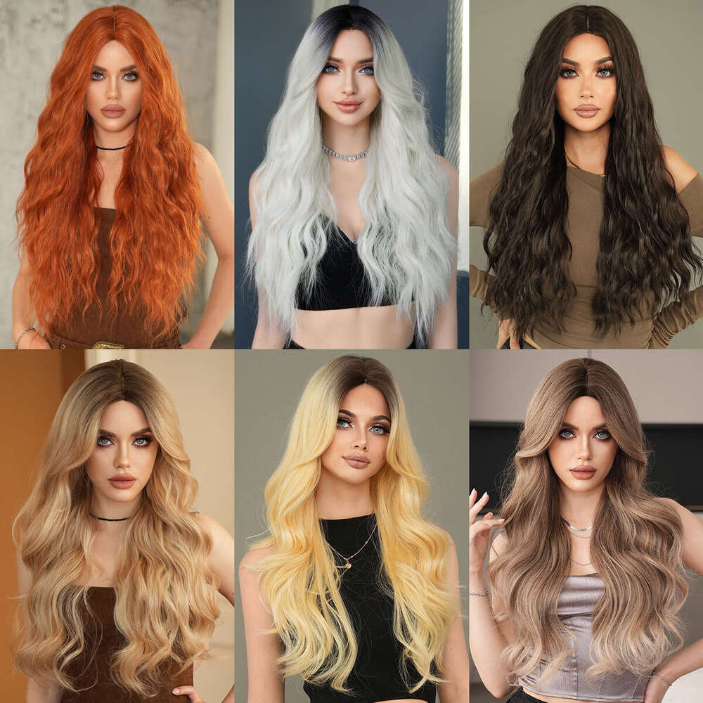 |Multiple Options | Fashionable Women's Mid Split Gradient Long Curly Hair Set With Large Wave Synthetic Wig