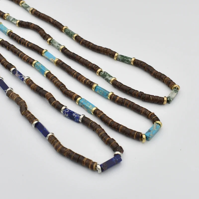 Retro pastoral style bead necklace mens natural coconut shell blue-green stone surfing necklace mens tribal jewelry gift 241017