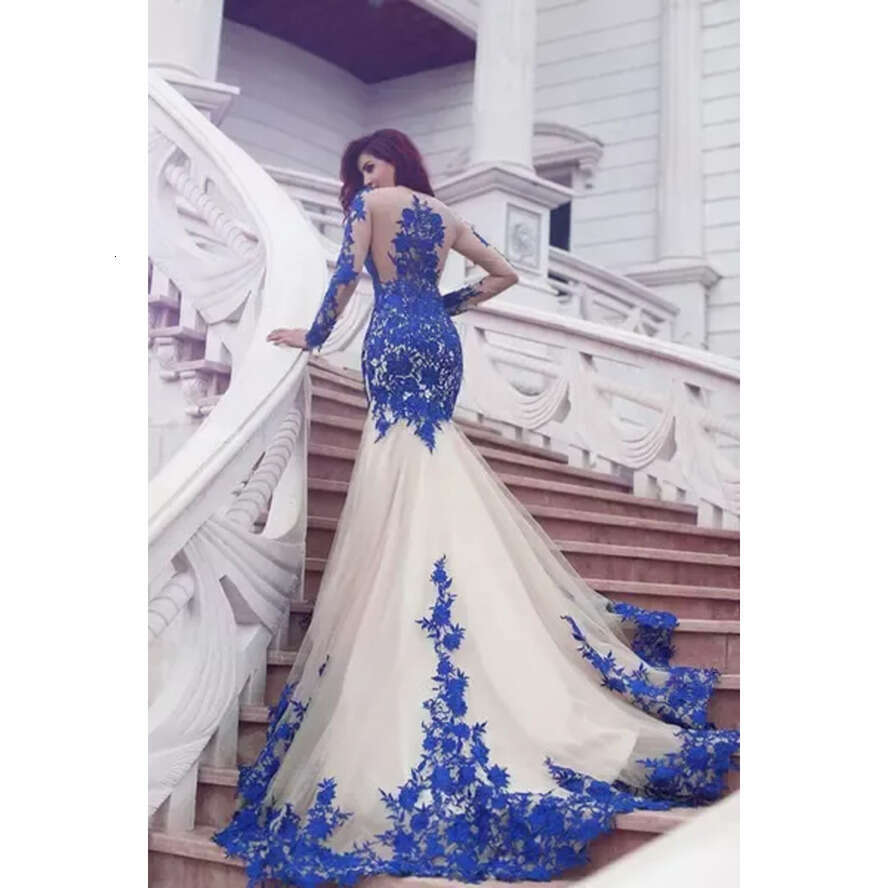 Arrival Long New 2020 Sleeve Royal Blue Lace Evening Dresses Mermaid Tulle Prom Gowns Vestidos De Fiesta
