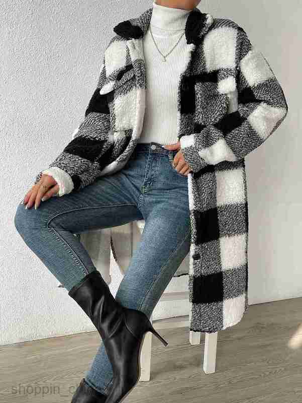 Women Jackets Coats Autumn and Winter Open Collar Plush Checkered Coat Loose Temperament Commuter Long Coat for Women