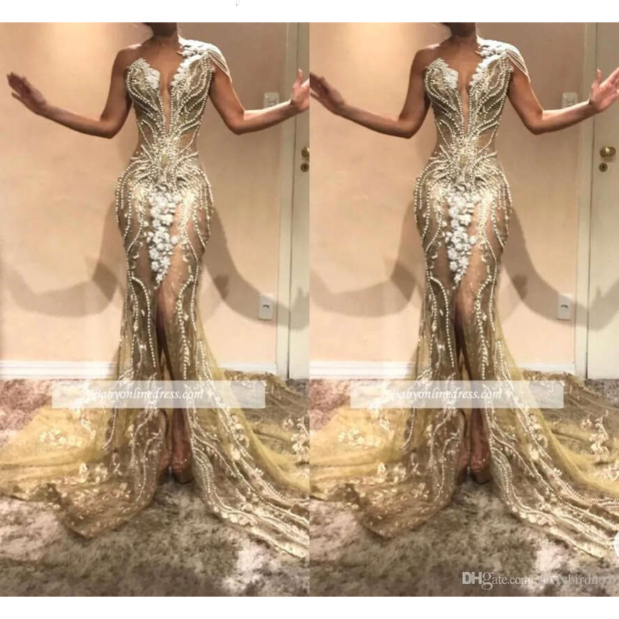 Beading Pearls One New Shoulder Mermaid Prom Lace Appliqued Front Split Evening Dresses Party Pageant Gowns Bc0614