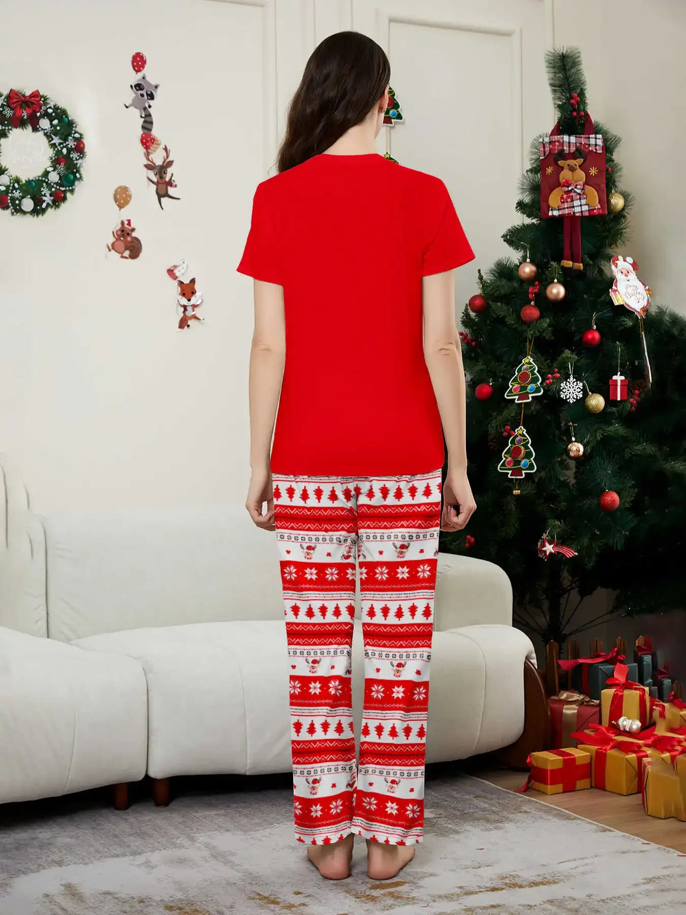 Xmas Family Look Pyjamas Cartoon Print Short Sleeve TShirtTrousers 2pcs Loungewear Christmas Matching Pajamas Set Baby Romper 241017