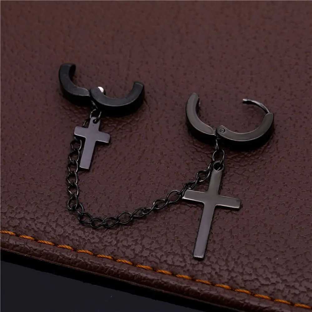 Retro womens tassel titanium steel cross punk chain Korean stud earrings womens ear clip pendant earrings mens ear clip W241017