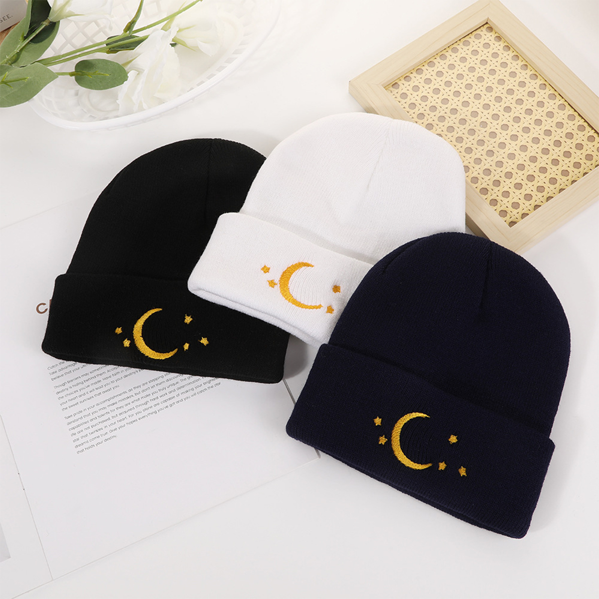 Europe-America Style Knitted Woolen Hoodie Cap Featuring Stars & Moons