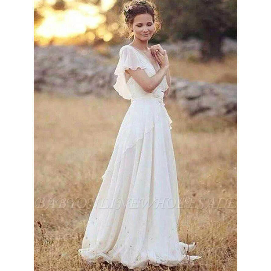 Style Bohemian Dresses Hippie 2020 Beach A-E Wedding Dress Bridal Gowns Backless White Lace Chiffon Boho Bm0864