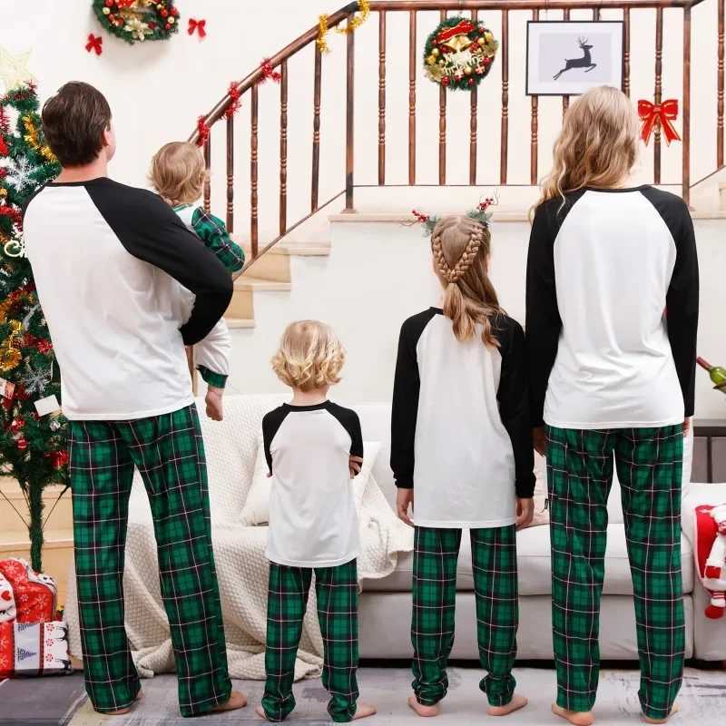 Christmas Set Spring and Autumn Family Matching Pajama Set Christmas Tree Printed Green Checkered Pants 2-piece Set Pajama Set E105 W241015