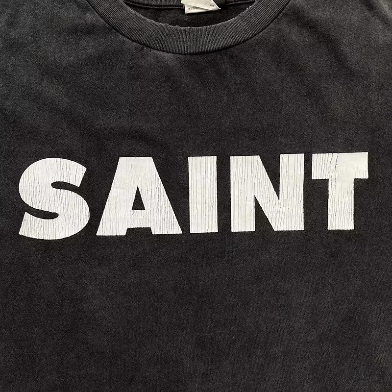 Casual Washed Saint Long Sleeve Tee Men Woman 1 fw Quality Vintage Letter Printing Damaged High Street Top 241016