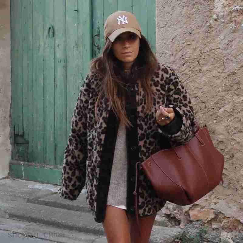 Women Jackets Coats Women's autumn and winter loose round neck leopard print lamb wool warm long sleeved jacket for women