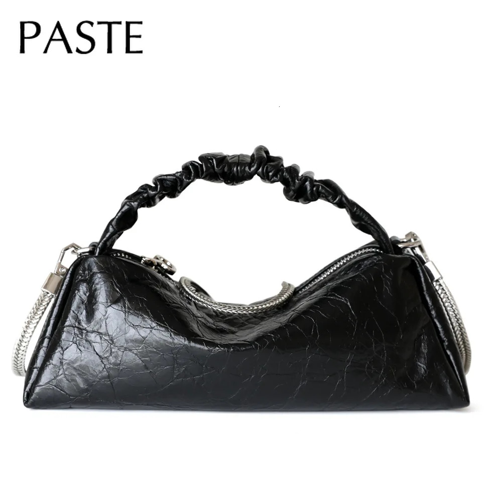 New Niche Stylish Pleated Handle Tote 2025 Sier Metallized Cowhide Leather Women Shoulder Chain Strap Crossbody Bag