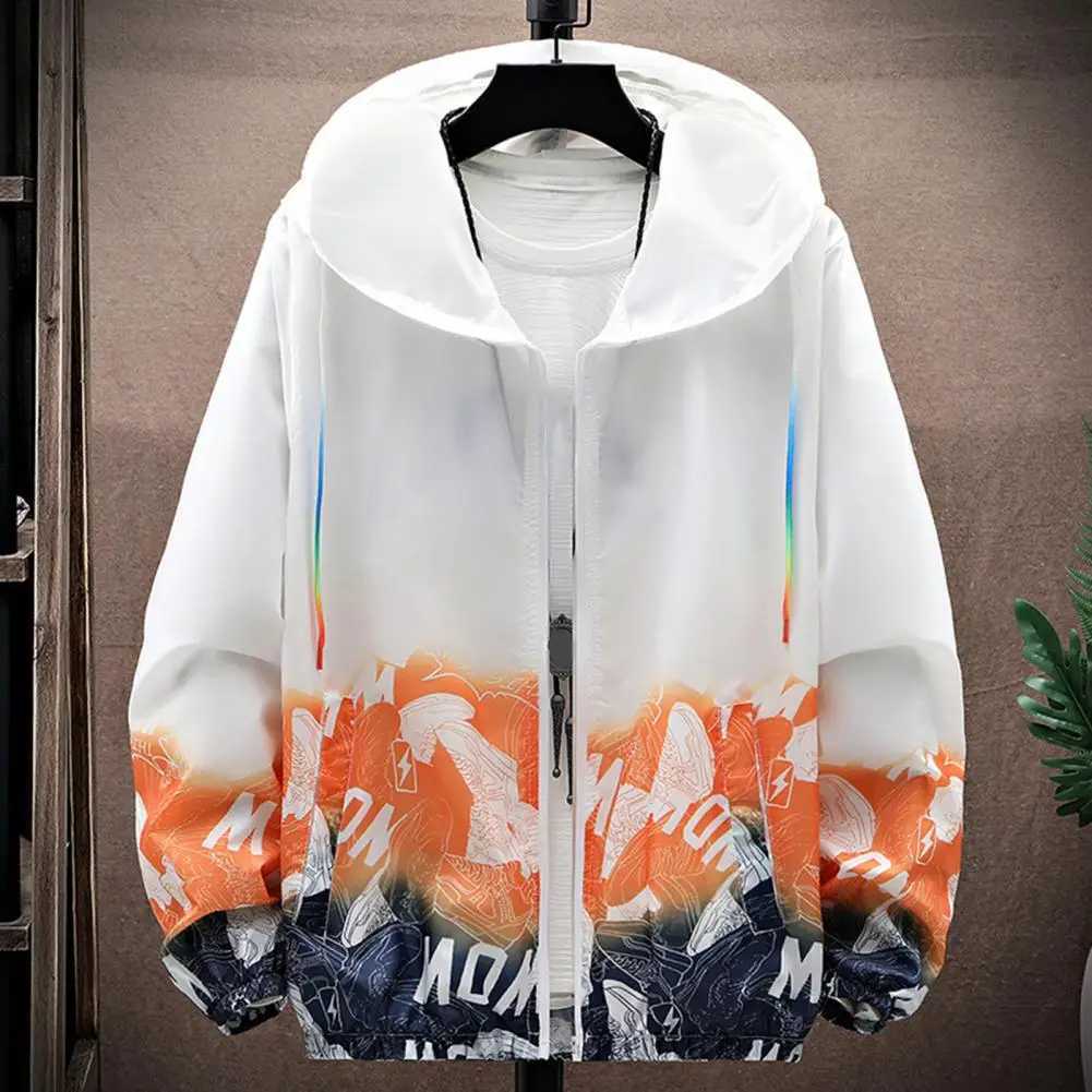 Men Sun Protection Clothing Hooded Long Sleeve Pockets Sunscreen Jacket Zipper Placket Shoes Print Quick Drying WindbreakerXJ241017