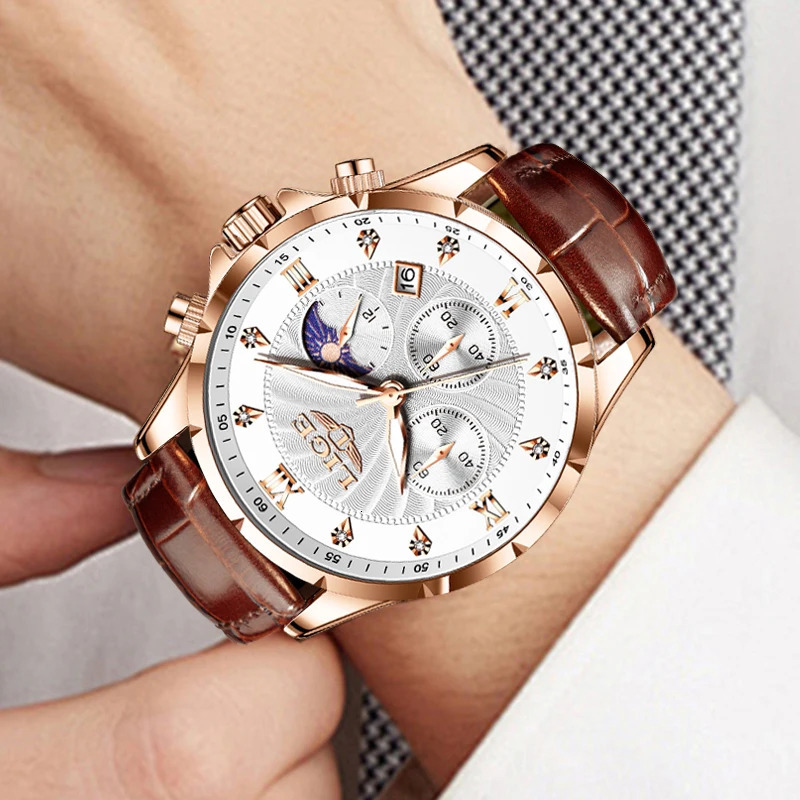 Mens Watch LIGE Fashion Quartz Watch Leisure Business Leather Waterproof Watch Mens Reloj Hombre 241009