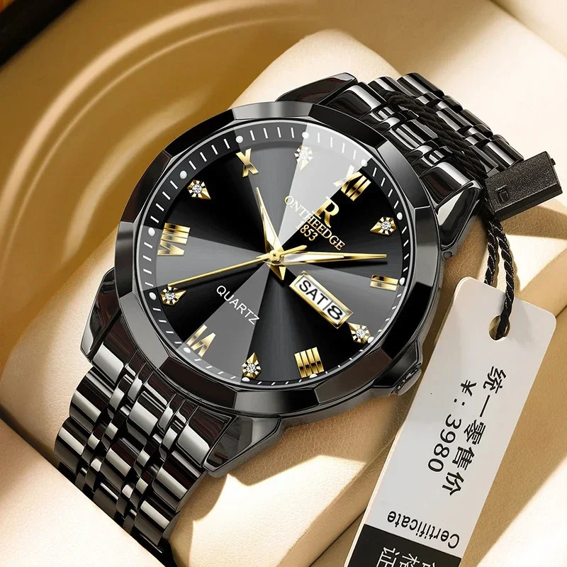 y Mens Watch Fashion Diamond Mirror Quartz Waterproof Luminous Date Week Stainless Steel 241009