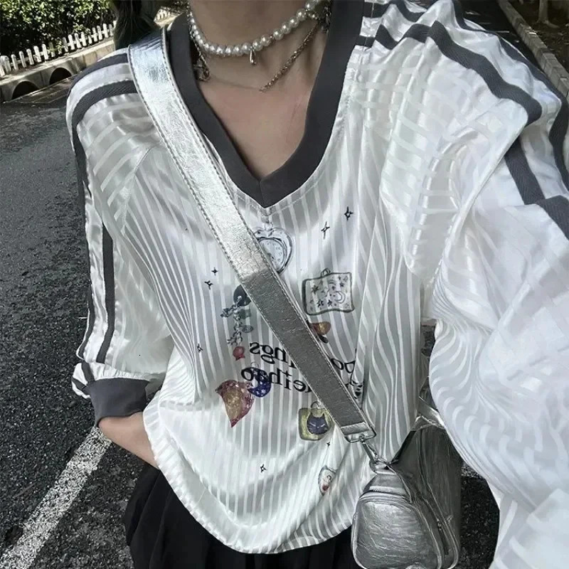 Korean Y2k Butterfly Printed Womens T-shirt Transparent Stripe V-neck Long Sleeve T-shirt American Retro Oversized Dress 241017