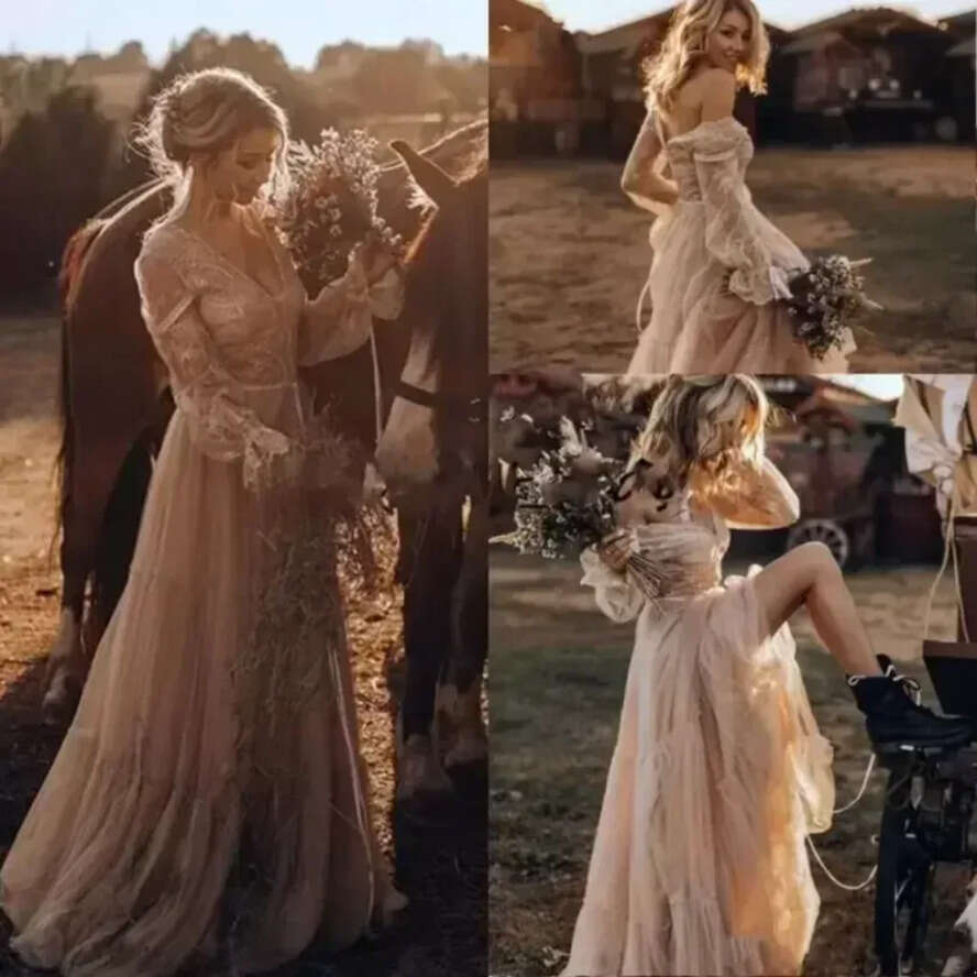 Wedding Western Vintage Country Dresses Lace Long Sleeve Gypsy Striking Boho Bridal Gowns Hippie Style Abiti Bc4857