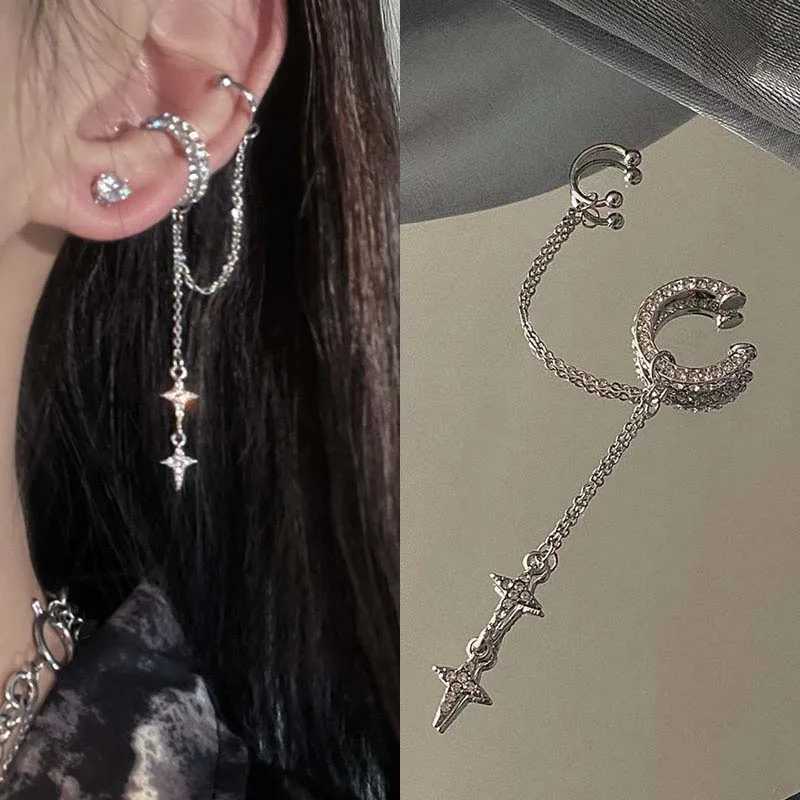 Sparkling silver crystal cross star tassel ear clip suitable for women fashionable rhinestones long holiday earmuffs perforated ear sleeves jewelry W2