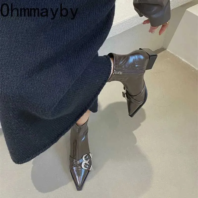 Designer Boot Pointed Toe Women Ankle Boots Fashion Thick Heel Slimming Short Booties Autumn Winter Female Shoesl486