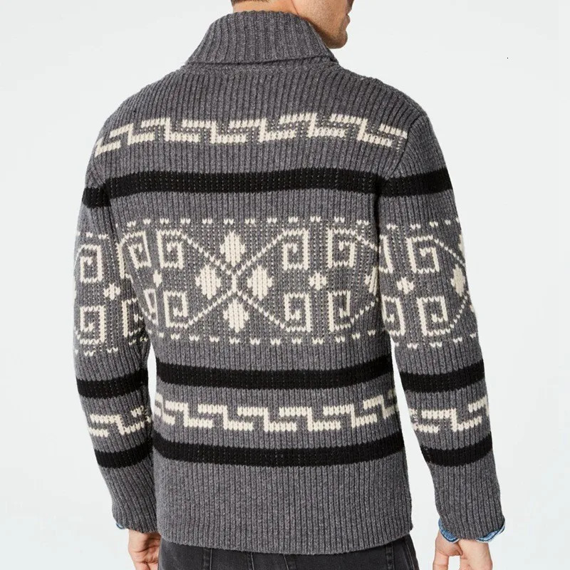 Mens Clothing Vintage Rhombus Printed Knit Zipper Cardigan Sweater Coat Long Sleeve Leisure Streetwear Knitwear 241017