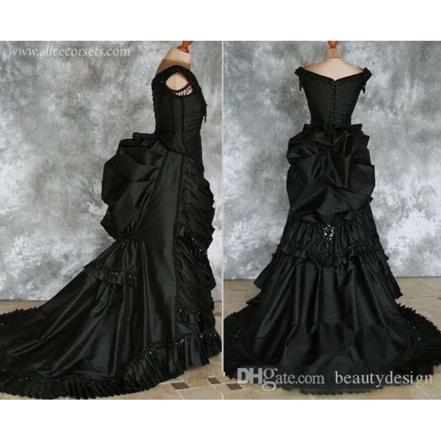 Wedding Gothic Beaded Victorian With Train Vampire Ball Masquerade Halloween Black Bridal Dress Steampunk Goth Th Century