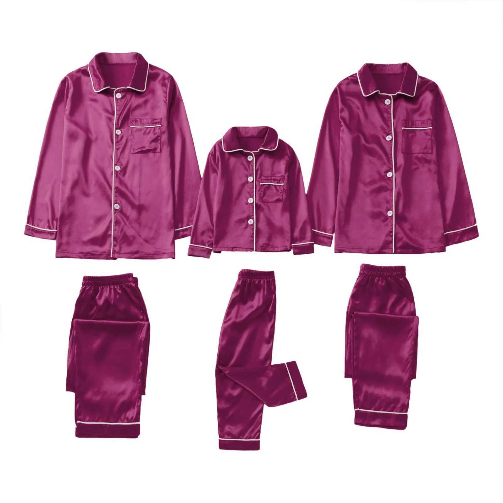 Christmas satin solid color pajamas set suitable for families appearance matching clothing buttons casual shirts and pants parents and childrens set W