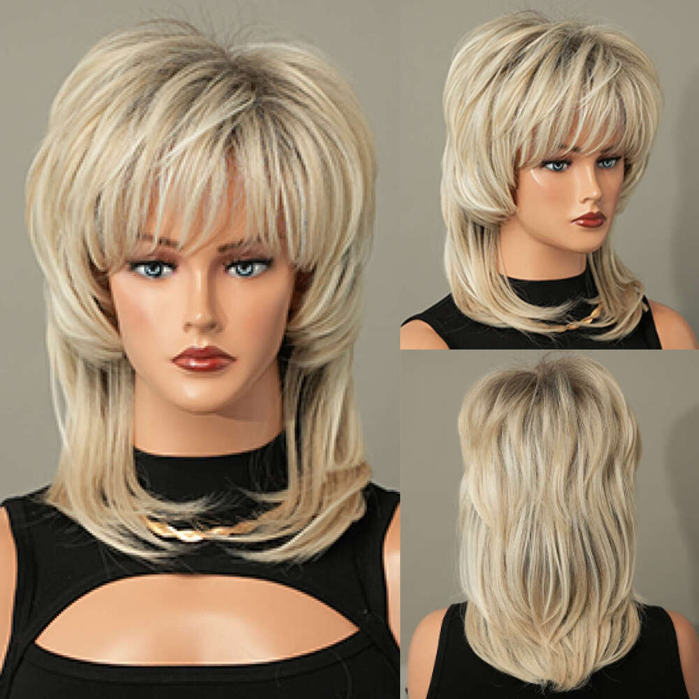 Black Women's Layered Wig, Beige Imitation 70S High Temperature Silk Synthetic Shoulder Length Wig