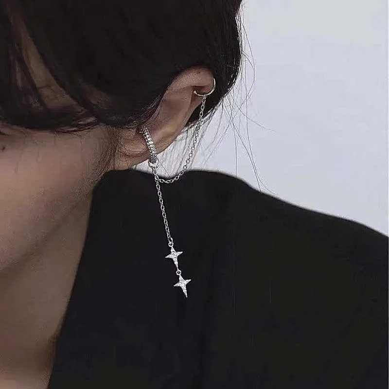 Sparkling silver crystal cross star tassel ear clip suitable for women fashionable rhinestones long holiday earmuffs perforated ear sleeves jewelry W2