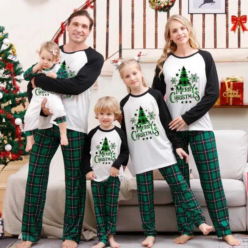 Christmas Set Spring and Autumn Family Matching Pajama Set Christmas Tree Printed Green Checkered Pants 2-piece Set Pajama Set E105 W241015