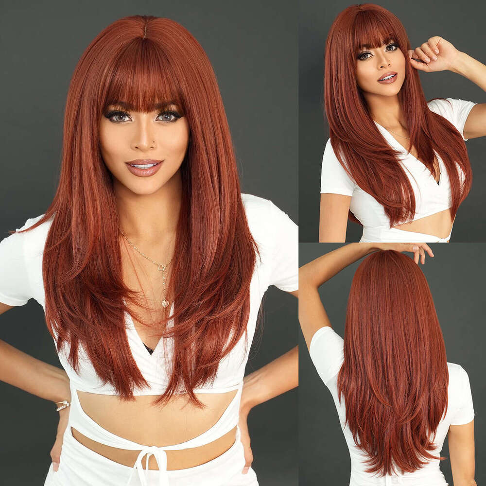Wig Female Oban Orange Long Straight Hair With Bangs, Dyed Fiber On Top Of The Head, High-Level Wig Headband