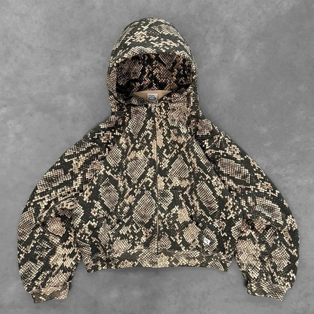American Harajuku Snake Texture Pattern Zipper Hoodie Womens Y2K Street Hip Hop Trendy Sweatshirt Autumn Jacket 241017