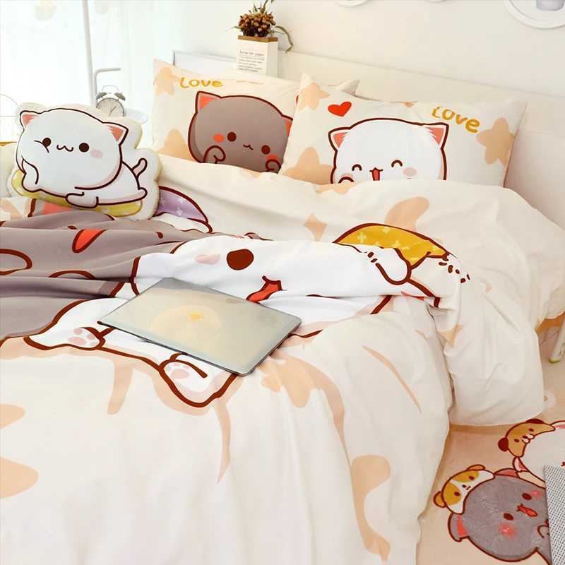 3Pcs Set Kawaii Cat Bed Sheet Bedding Set Soft Comforter Cover Twin Full Queen Size For Girls Bed Sheets and PillowcasesXJ241015
