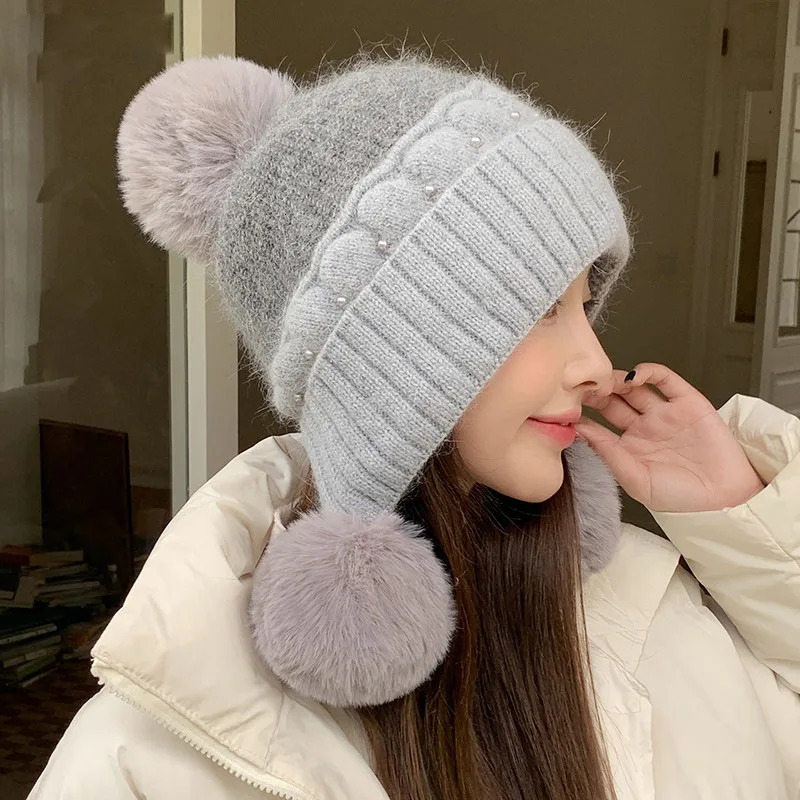 Cute Hairball Hat Women Winter Fleece Warm Knit Cap Windproof Rabbit Hair Student Pullover Woolen Hat Outdoor M572 241009