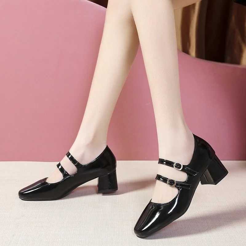 Womens Shoes 2024 Fashion Button Womens Pump Autumn Mary Jane Square Toe Shallow Solid Dress Party Short Fat High Heels Zapato Y241017