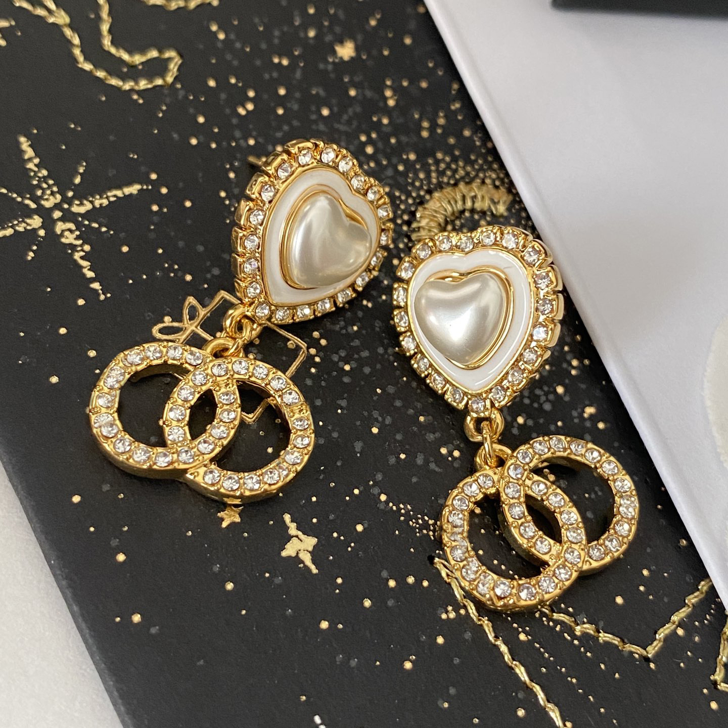 Heart Design Ear Stud Earrings Crystal Rhinestone Pearl Real Gold Brass Copper Stamp Letter Earring Fashion Womens Elegance Wedding Party Jewelry Accessories
