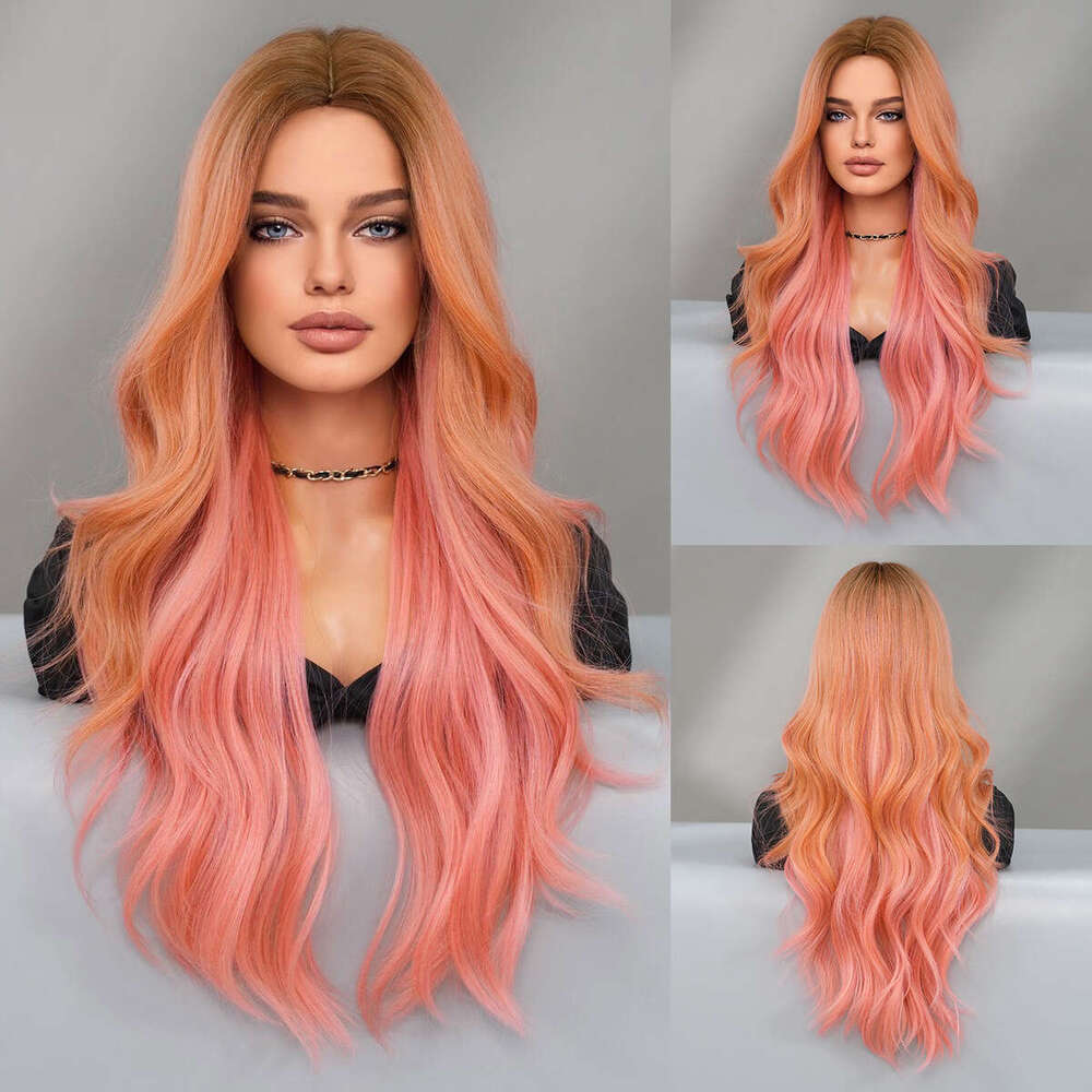 Halloween Wig Pink Gradient Long Curly Hair With Large Waves, Nism Full Head Cover Pink Wig