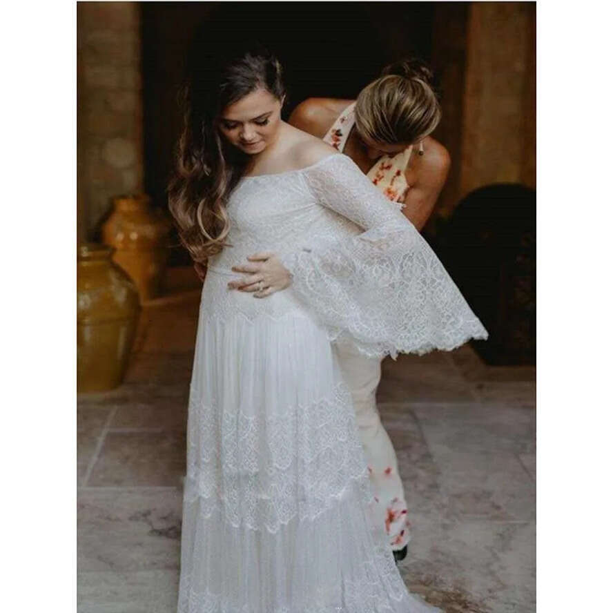 Wedding Boat Dresses Neck Long Sleeve Lace Bridal Gowns A E Sweep Train Vestido De Novia Bc3023