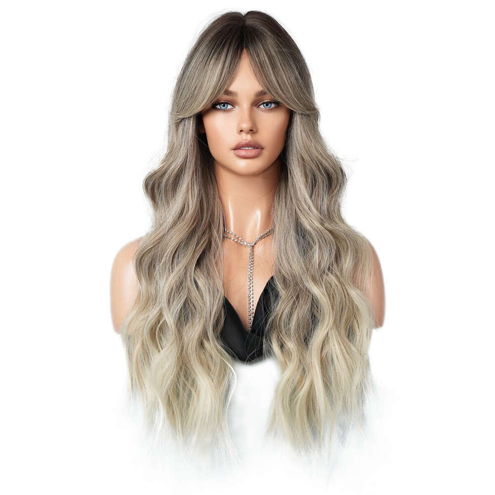 Fashion Long Curly Hair Milk Tea Brown Wig Women's Eight Character Bangs Big Wave Synthetic Full Head Set Brown Wigs